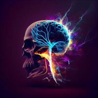 humano cráneo con brillante cerebro. 3d ilustración. aislado en oscuro fondo., ai generativo imagen foto