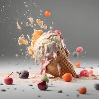 Ice cream in waffle cone with splashes and drops on dark background, Image photo