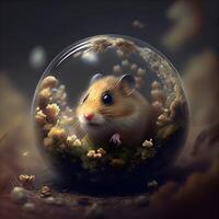 Hamster in a glass ball on a dark background. 3d rendering, Image photo