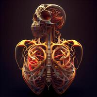 humano corazón anatomía en negro antecedentes. 3d ilustración. 3d representación., ai generativo imagen foto