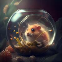 Hamster in a round glass aquarium with gold fish on a dark background, Image photo