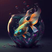 pez de colores en un redondo vaso acuario. 3d hacer ilustración., ai generativo imagen foto