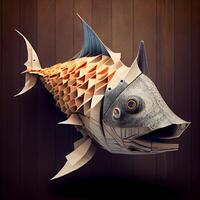 Fish made of wood on a wooden background. 3d illustration., Image photo