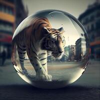 Siberian tiger inside a glass ball on a city street., Image photo
