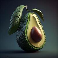 Avocado on wooden table in dark room. 3d illustration., Image photo