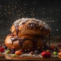 Bun with raisins, sprinkled with powdered sugar on a black background, Image photo