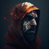 Portrait of a man with a painted face and a hood., Image photo