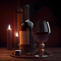 Bottle and glass of red wine with ice cubes on dark background, Image photo