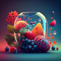 Fruit and berries in a glass vase. 3d rendering, Image photo