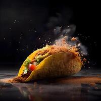 tacos with meat and vegetables on a black background with smoke, Image photo