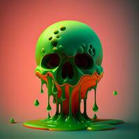 3d illustration of green skull with dripping paint on a pink background, Image photo