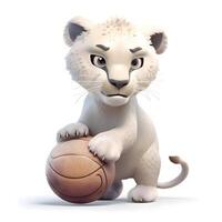 3d representación de un blanco león con un baloncesto aislado en blanco fondo, ai generativo imagen foto