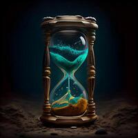 Hourglass with sand on dark background. Time concept. 3D rendering, Ai Generative Image photo