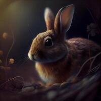 Rabbit in the forest. Animal in the nature. Spring., Ai Generative Image photo