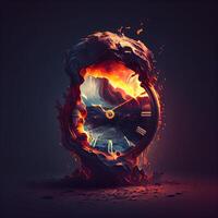 Time is running out of time concept with burning clock on the dark background, Image photo