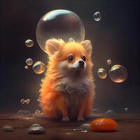 Cute little pomeranian dog sitting on the floor with soap bubbles, Image photo