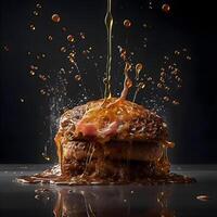 Burger with splashes and drops of cola on a black background, Image photo