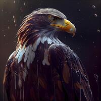 calvo águila en el lluvia en negro antecedentes. 3d representación, ai generativo imagen foto