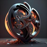 3D illustration of an abstract background with a metal ornament in the form of a heart, Image photo