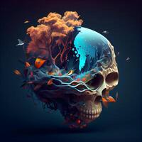 Human skull with abstract background. 3D illustration. Futuristic style., Image photo