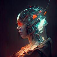 Futuristic cyborg woman portrait with glowing light. Sci-fi concept., Image photo