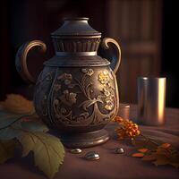 Ceramic teapot and autumn leaves. 3d render, Image photo