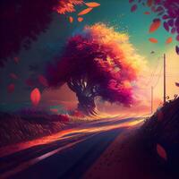 Autumn landscape with road and tree. illustration. Eps 10, Image photo