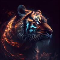 Tigre retrato con fuego efecto en oscuro antecedentes. artístico cuadro, ai generativo imagen foto