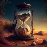 Hourglass in desert. 3d render. Time management concept., Image photo