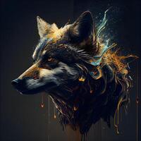 Portrait of a wolf with colorful paint splashes on a black background, Image photo