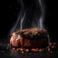 Grilled beef steak with flames and smoke on a black background., Image photo