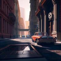 Vintage car on the street of the old city. 3d rendering, Image photo