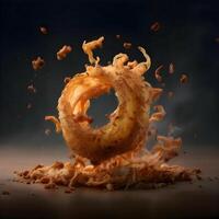 Falling donut with water splash isolated on black background. 3d rendering, Image photo