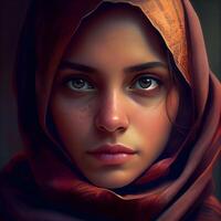 retrato de un hermosa joven mujer con rojo chal., ai generativo imagen foto