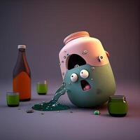 3d illustration of a glass jar with a surprised face and a bottle of beer, Image photo