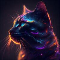Portrait of a black cat with blue eyes and multicolored neon lights., Image photo