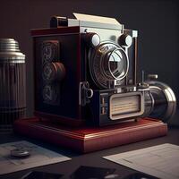 Vintage camera on a wooden table. 3d render illustration., Image photo