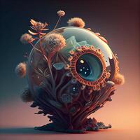 3d render of an alien eye in a vase with flowers, Image photo
