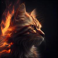 Cute cat in the fire on a black background. 3d rendering, Image photo