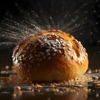 Delicious croissant falling into the air on a black background, Image photo