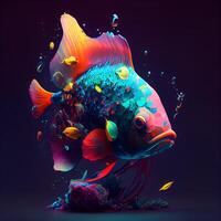 vistoso pescado en un oscuro antecedentes. 3d ilustración. 3d representación., ai generativo imagen foto