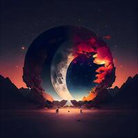 Fantasy scene with planet and man. Digital painting. illustration., Image photo