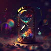 Hourglass on abstract colorful background. Time concept. 3D Rendering, Ai Generative Image photo