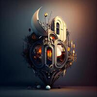 3d rendering of a fantasy house with a crescent moon and lanterns, Image photo