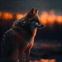 Digital painting of a wolf in the forest during a thunderstorm., Image photo