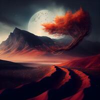 Fantasy alien planet. Mountain and lake. 3D illustration., Image photo