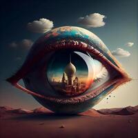 Eye in the desert with mosque in the background. 3d rendering, Image photo