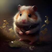 Hamster in a collar on a dark background with green leaves., Image photo