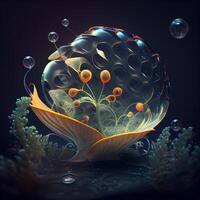 3d ilustración de resumen fractal antecedentes con esferas y floral patrón, ai generativo imagen foto