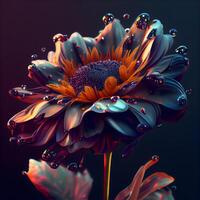 vistoso flor con agua gotas en un negro antecedentes. 3d representación, ai generativo imagen foto